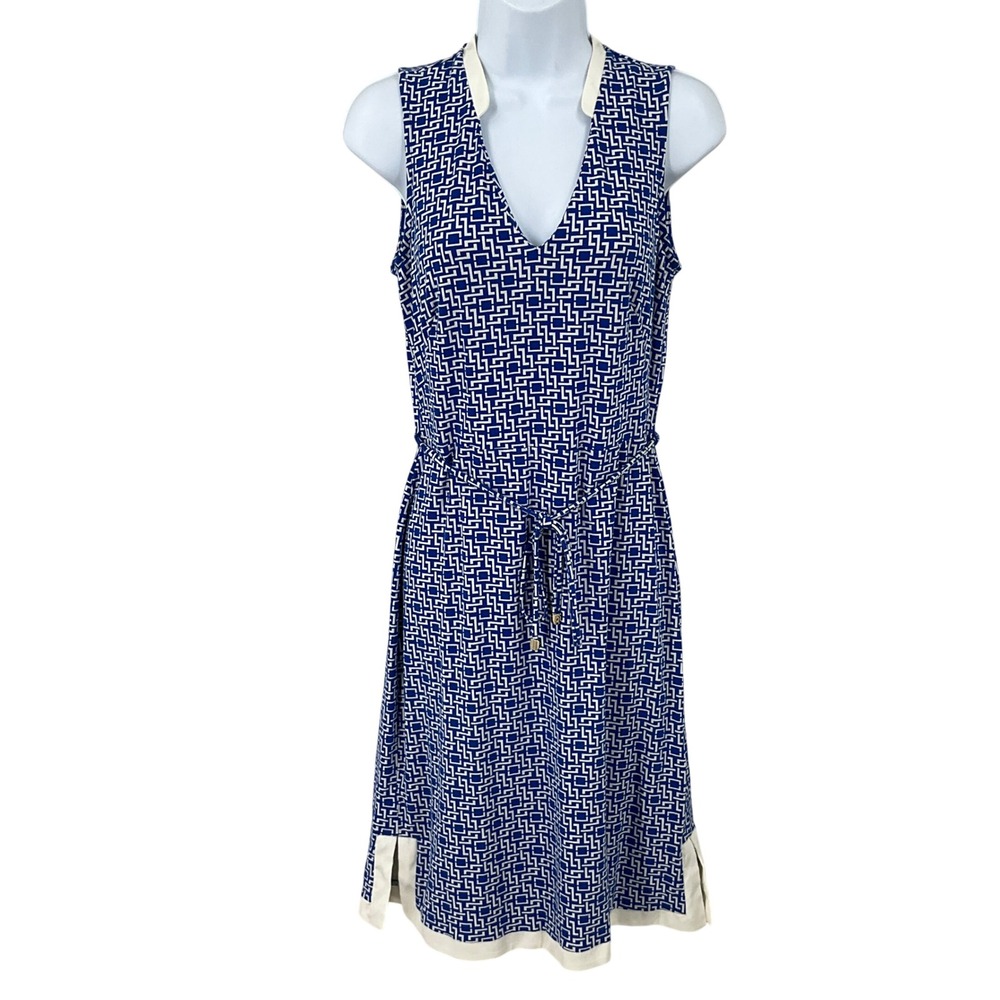 Ann Taylor Dress Womens S Blue White Geometric Classic Preppy Sleeveless V-Neck